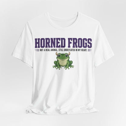 White graphic t-shirt with 'Horned Frogs' headline, small slogan, and green frog