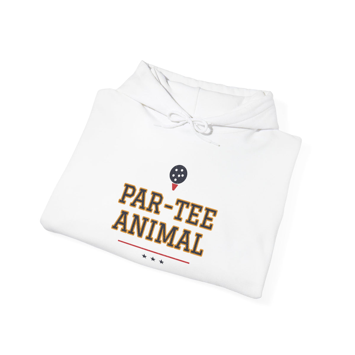 White pullover hoodie with drawstring hood and colorful “PAR-TEE ANIMAL” graphic.