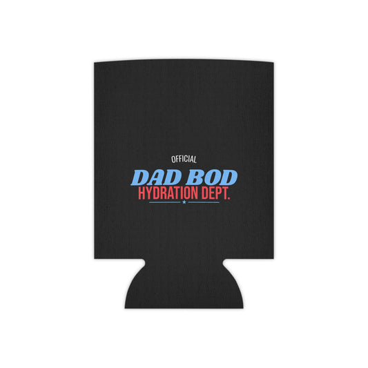 Black koozie can holder with “Official Dad Bod Hydration Dept.” front graphic