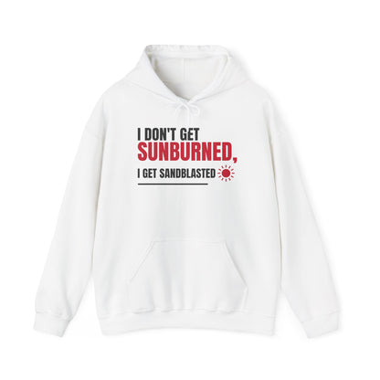 White pullover hoodie with kangaroo pocket and bold front “Sunburned” graphic