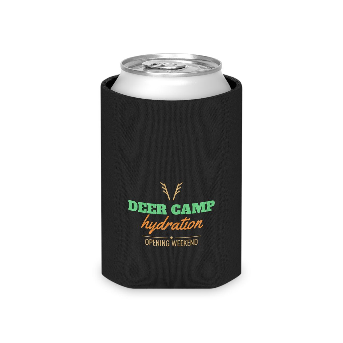 Black can koozie holding a silver soda can, deer-antler hydration design