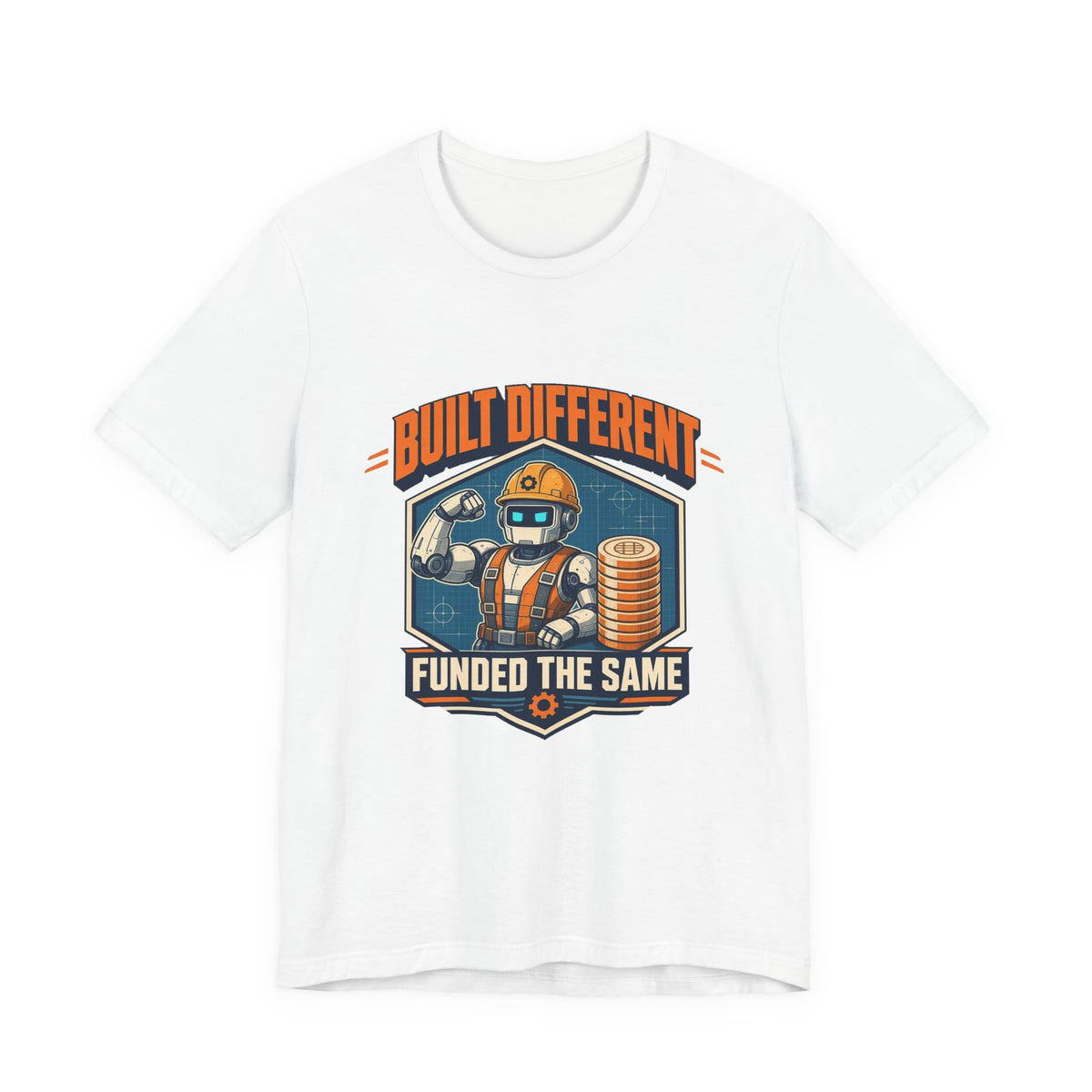 White graphic T-shirt with astronaut design and chest text logo
