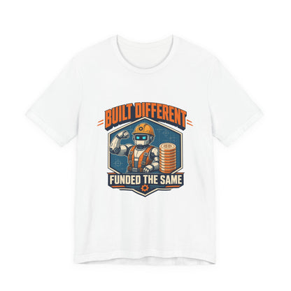 White graphic T-shirt with astronaut design and chest text logo