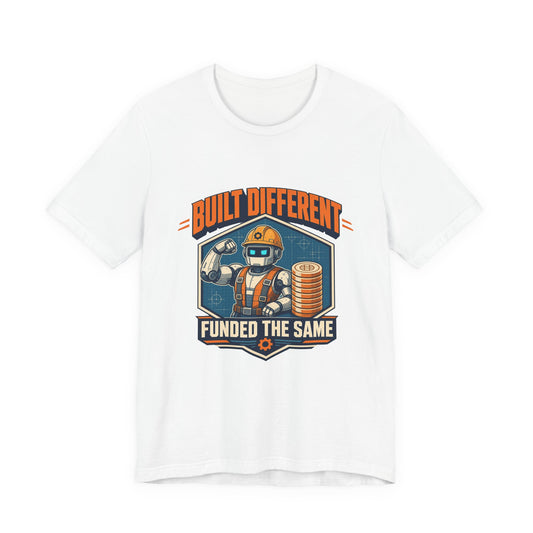 White graphic T-shirt with astronaut design and chest text logo