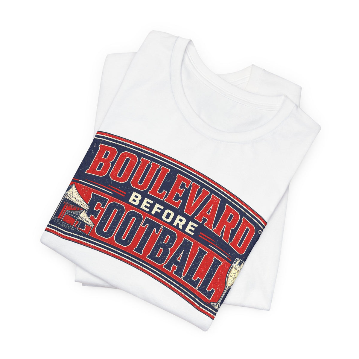 White folded T-shirt stack with large 'Boulevard before Football' logo