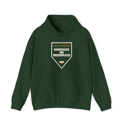 Forest green pullover hoodie with front pocket, drawstring hood, and graduation-style graphic