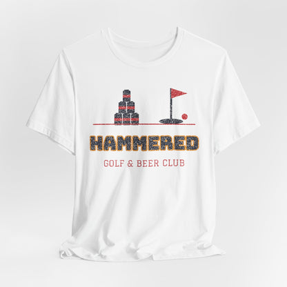 White crewneck T-shirt with 'HAMMERED' Gulf & Beer Club graphic on front