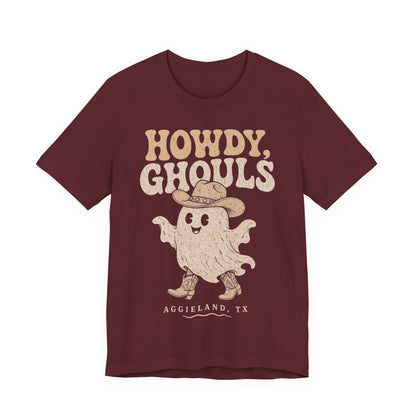 Maroon Halloween graphic tee with Howdy Ghouls text and ghost illustration