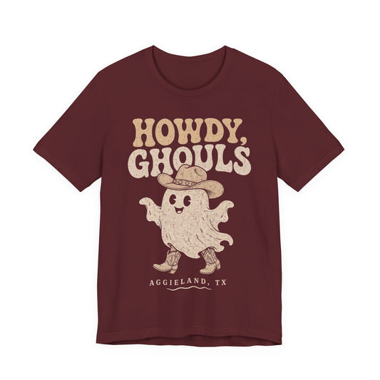 Maroon Halloween graphic tee with Howdy Ghouls text and ghost illustration