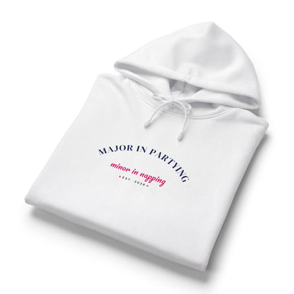 White women's pullover hoodie with 'Major in Partying' front graphic and drawstring hood