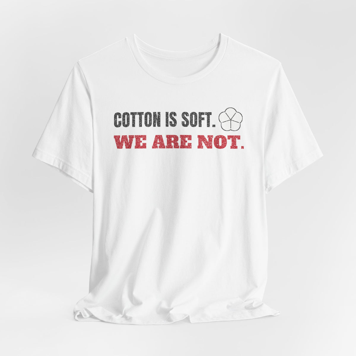 White cotton T-shirt with centered chest slogan and small fist icon graphic
