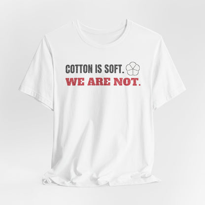 White cotton T-shirt with centered chest slogan and small fist icon graphic