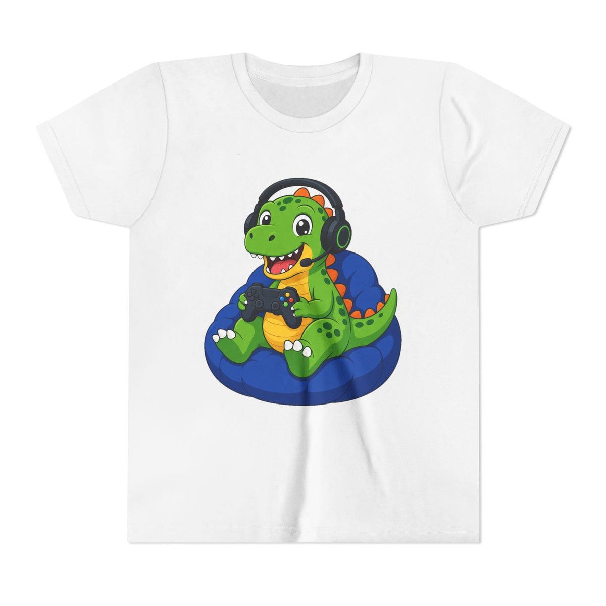 White kids t-shirt with green dinosaur gamer graphic