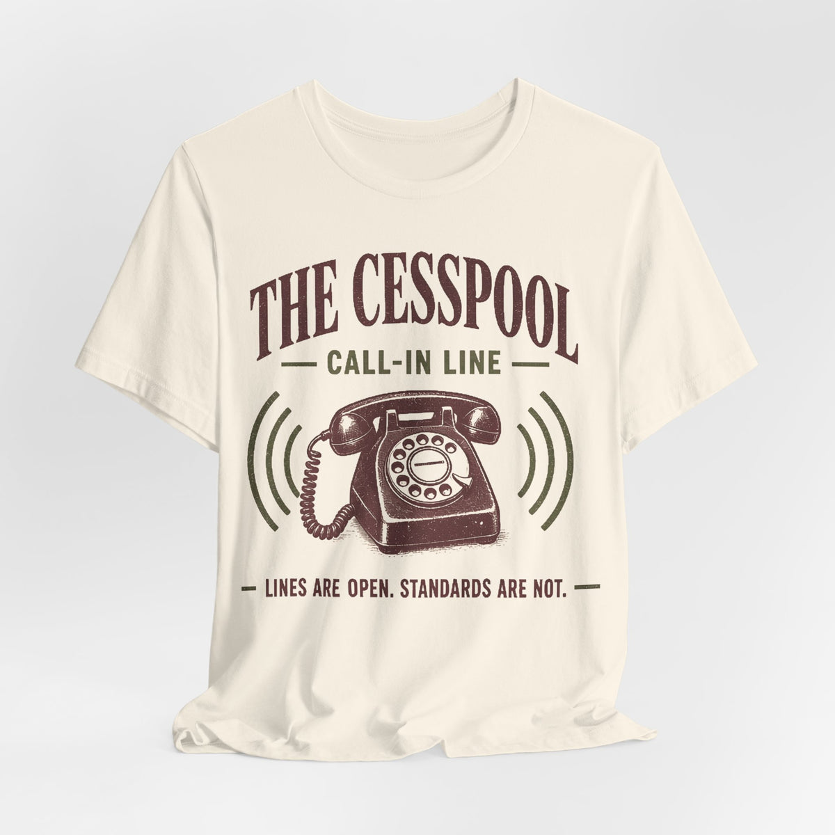 Natural T-shirt with central telephone graphic and 'LINES ARE OPEN' text
