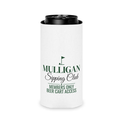 White beer koozie with green Mulligan Sipping Club logo and black can top