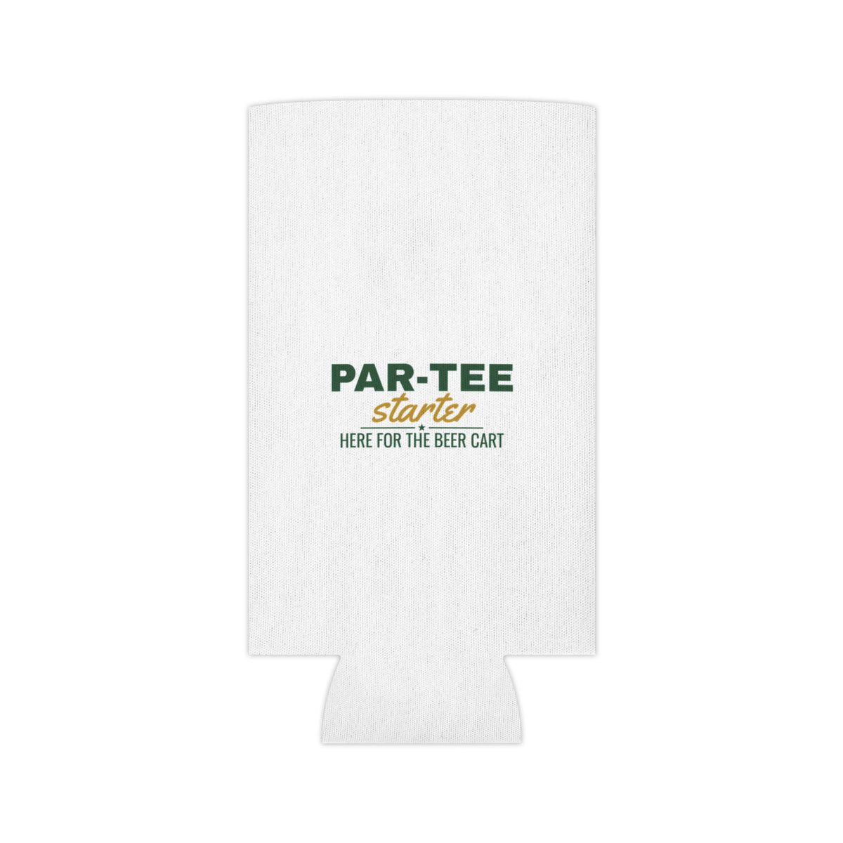 White flat can cooler cutout with PAR-TEE starter logo and 'Here for the beer cart'