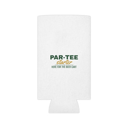 White flat can cooler cutout with PAR-TEE starter logo and 'Here for the beer cart'
