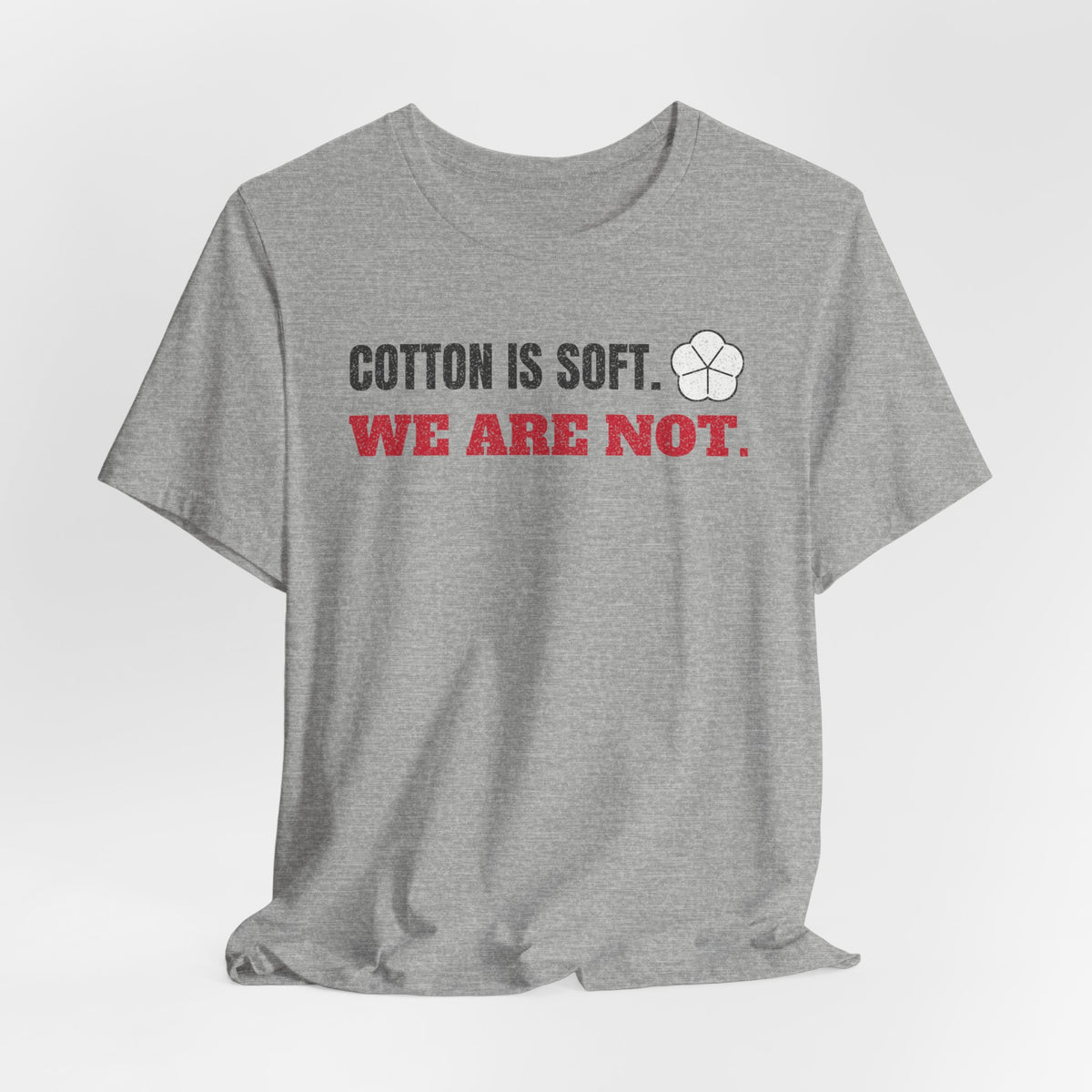 Heather gray cotton T-shirt with centered slogan and small fist icon graphic