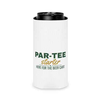 White can cooler koozie holding a black-top can; PAR-TEE starter logo on front