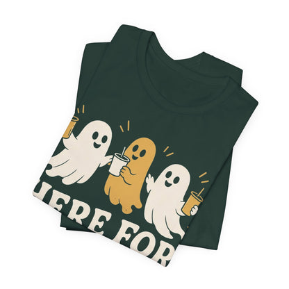 Forest green tee folded showing ghost HERE FOR THE BOOS and WACO TX print.