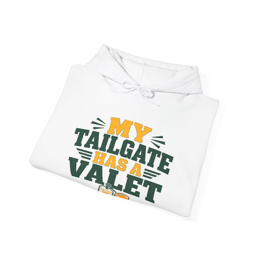 White folded hoodie with drawstring and front 'My Tailgate Has a Valet' graphic