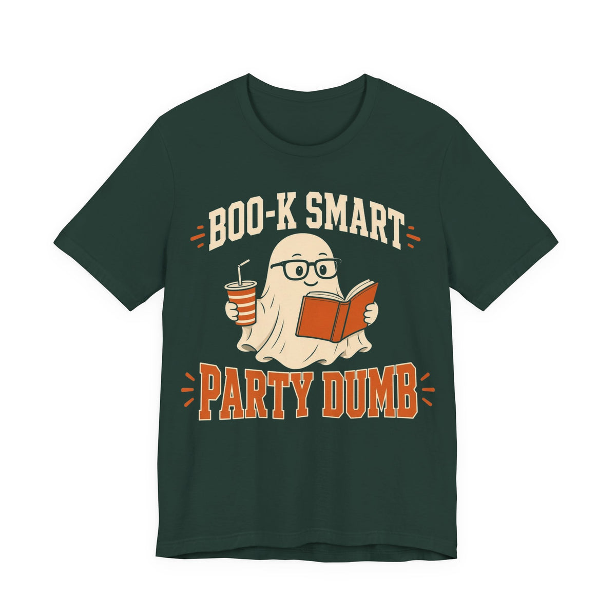 Dark green graphic T-shirt with cartoon reading book and coffee cup print
