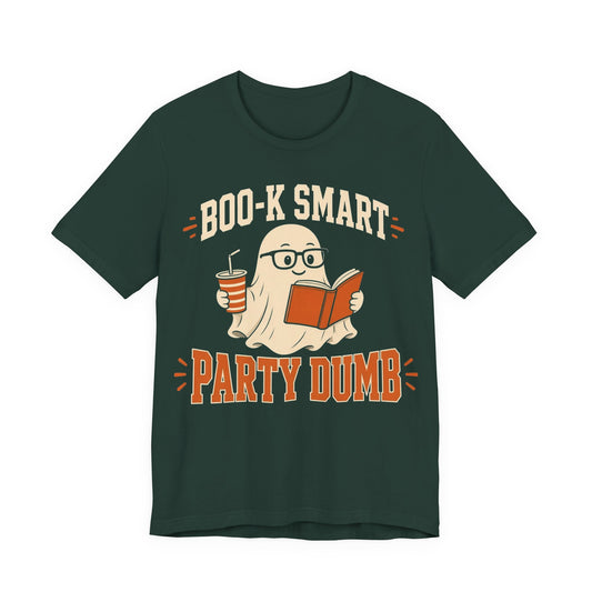 Dark green graphic T-shirt with cartoon reading book and coffee cup print