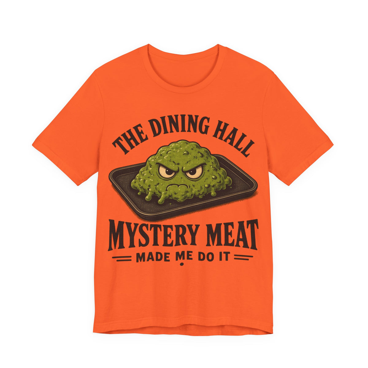 Orange crewneck tee with green monster food graphic, 'Mystery Meat' text