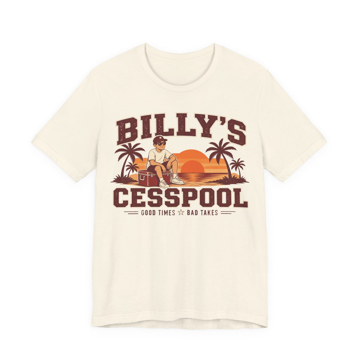 Natural crewneck T-shirt with front graphic text and cartoon in maroon and orange.
