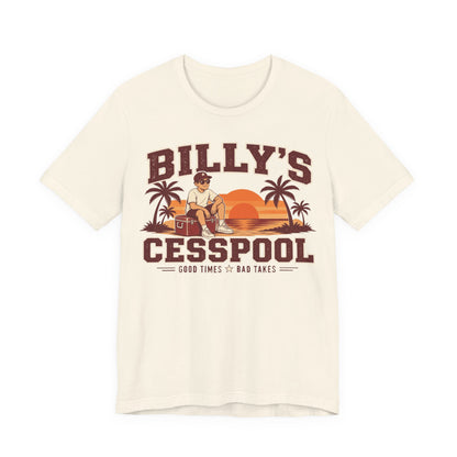Natural crewneck T-shirt with front graphic text and cartoon in maroon and orange.