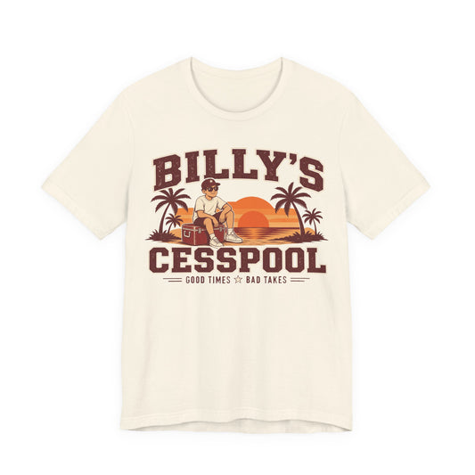 Natural crewneck T-shirt with front graphic text and cartoon in maroon and orange.