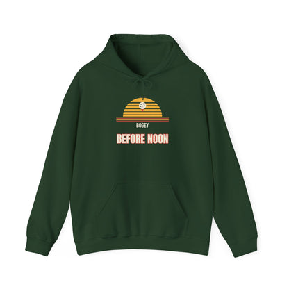 Forest green pullover hoodie with hood, drawstrings, kangaroo pocket, golf-themed 'Before Noon' graphic
