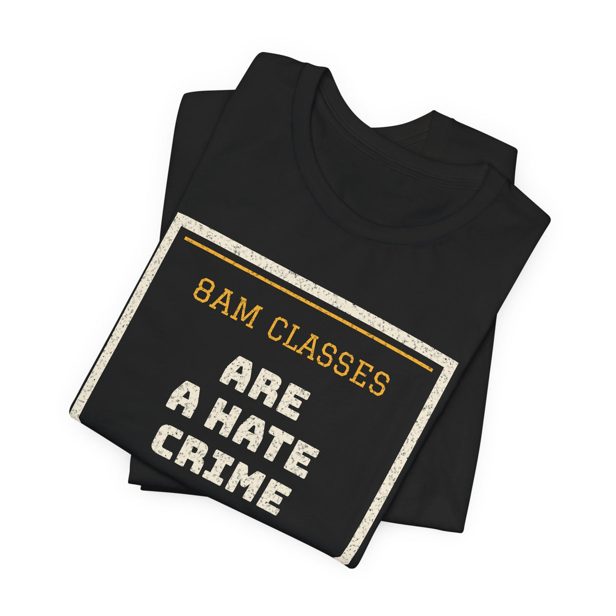 Black crew-neck T-shirt with triangular “8AM CLASSES” graphic print