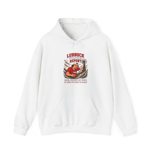 White hoodie with kangaroo pocket, drawstring hood, Lubbock Weather Report front graphic