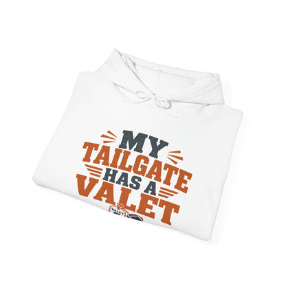 White hoodie, folded, with “My Tailgate Has a Valet” front graphic