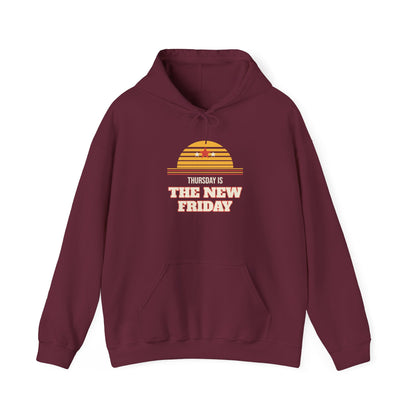 Maroon pullover hoodie with front pocket, hood drawstring, and retro “Thursday” graphic