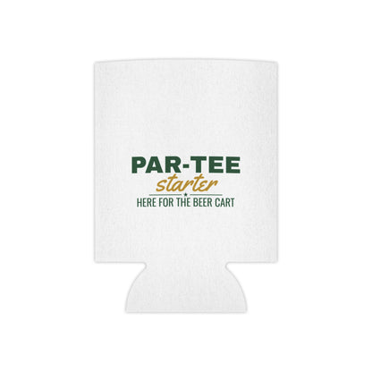White can cooler koozie with PAR-TEE starter logo and 'Here for the beer cart' text