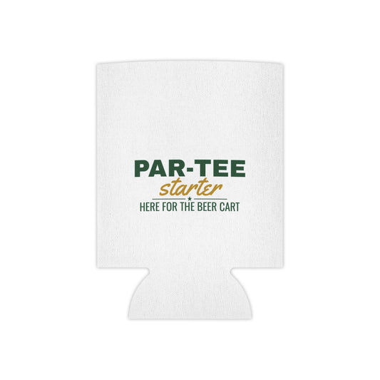 White can cooler koozie with PAR-TEE starter logo and 'Here for the beer cart' text