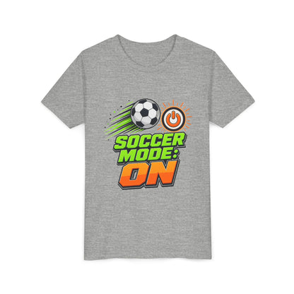Kids athletic heather gray graphic soccer tee with soccer ball and “Soccer Mode: ON” print