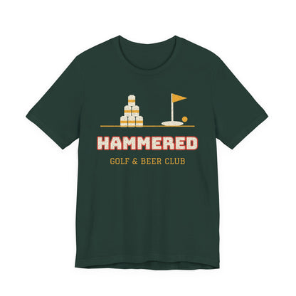 Forest green crewneck T-shirt with 'HAMMERED' golf & beer club graphic