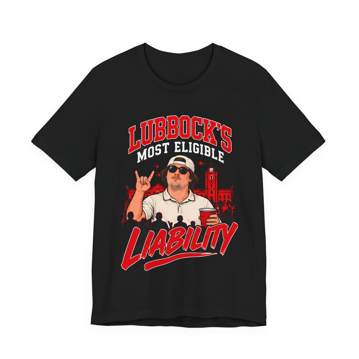 Black crew-neck T-shirt with large red and white front graphic design