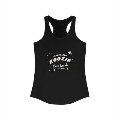 Black racerback tank top with graduation slogan graphic on the front