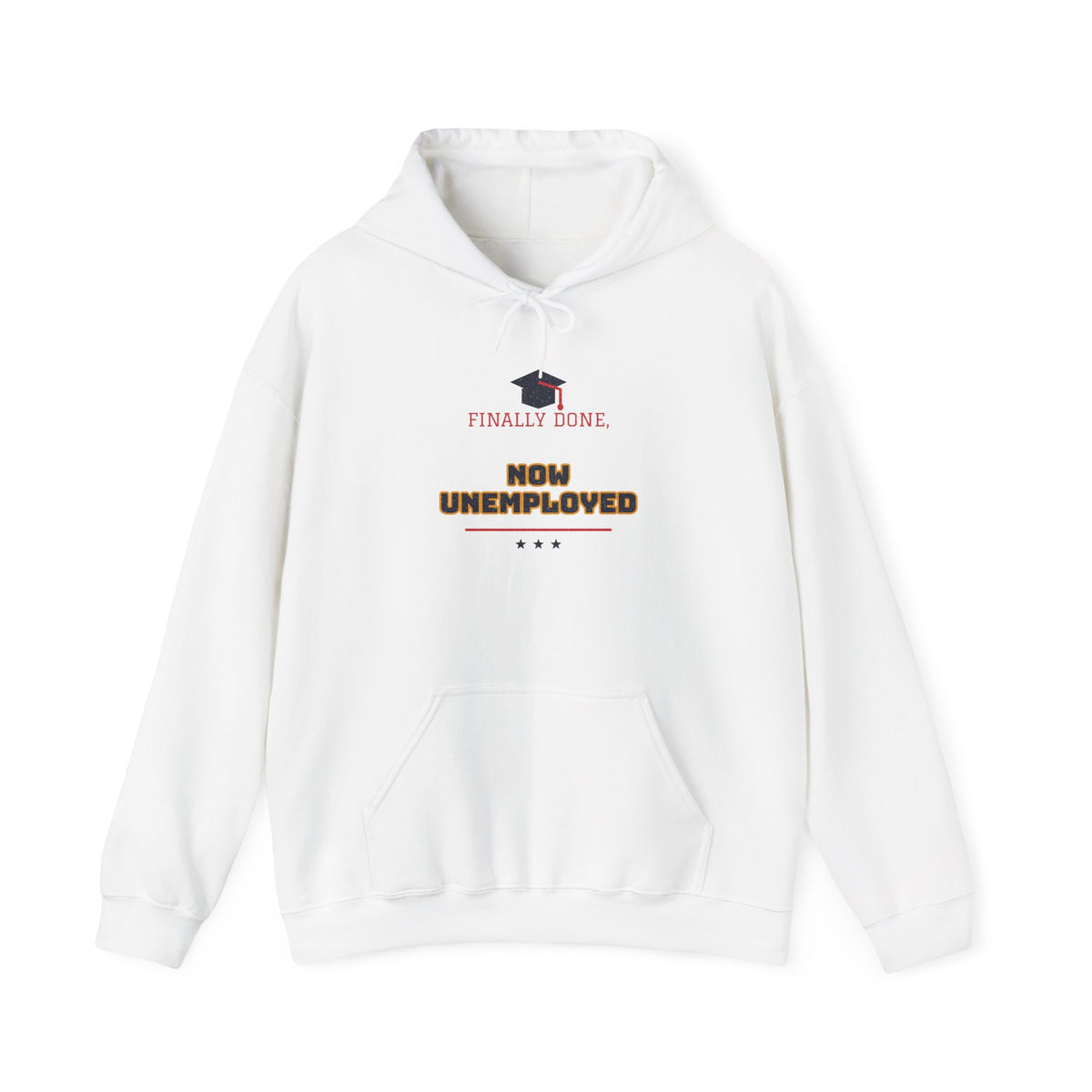 White pullover hoodie with chest graduation graphic and slogan, front pocket, drawstring hood.