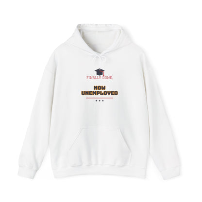 White pullover hoodie with chest graduation graphic and slogan, front pocket, drawstring hood.