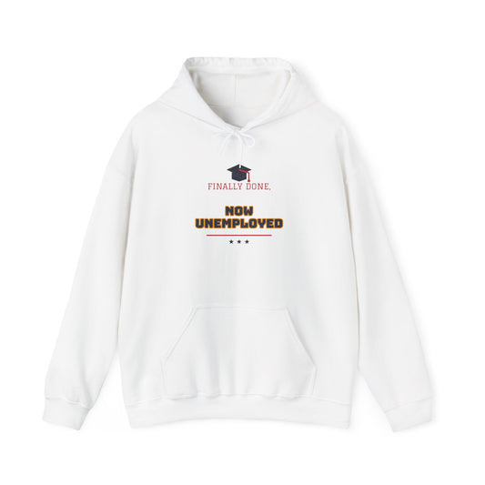 White pullover hoodie with chest graduation graphic and slogan, front pocket, drawstring hood.