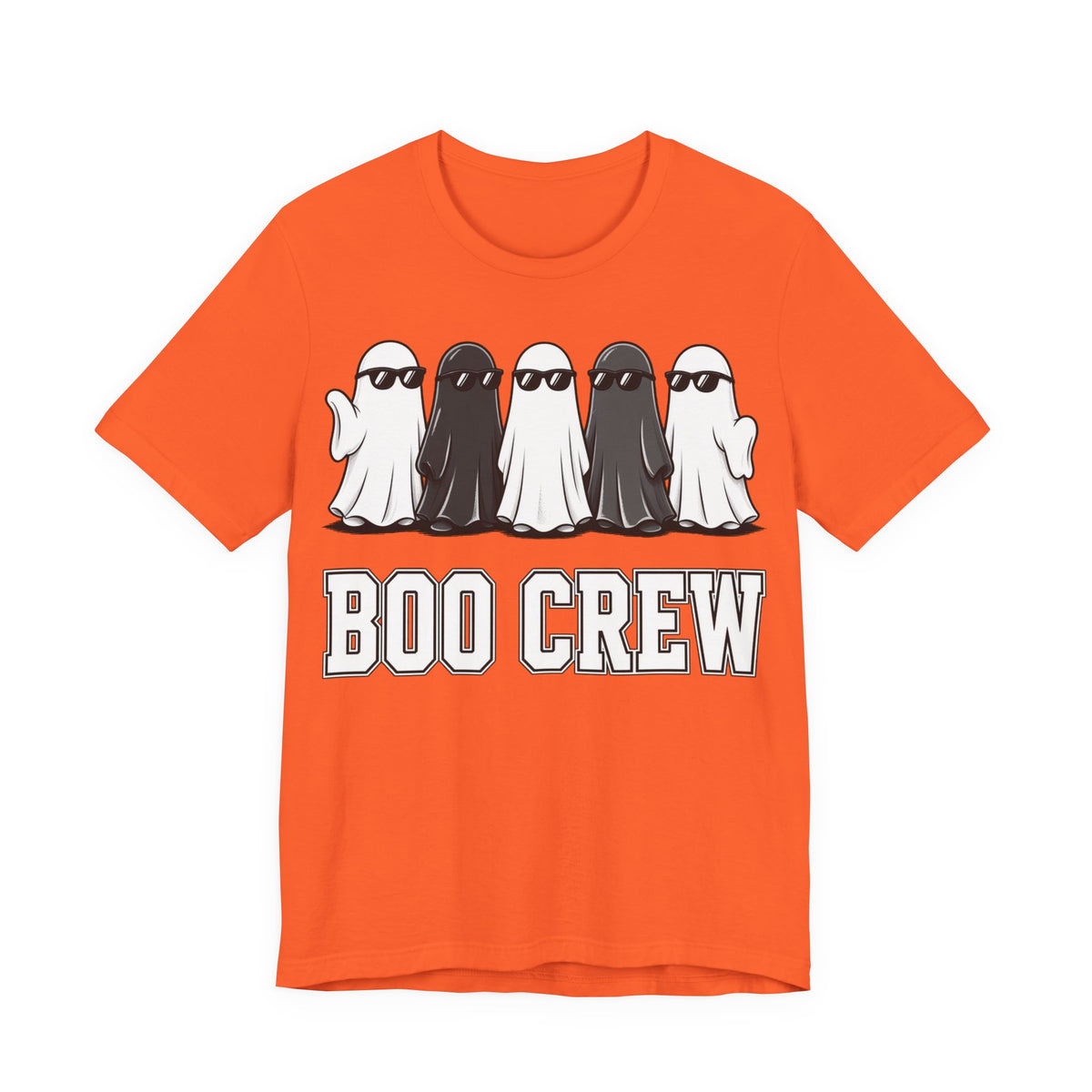 Orange crew neck T-shirt with gnome lineup graphic and BOO CREW text