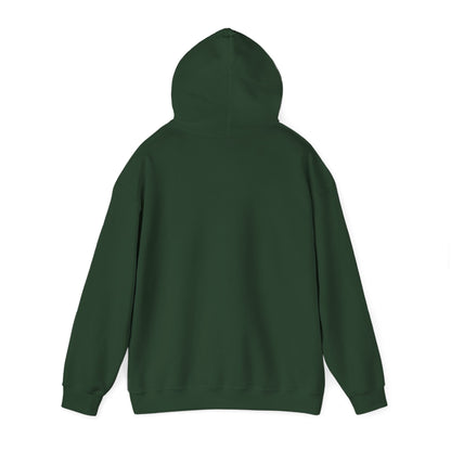 Forest green pullover hoodie, back view with hood and ribbed cuffs