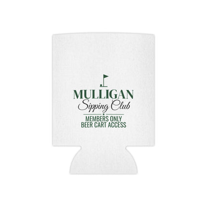 White beer koozie with green Mulligan Sipping Club logo and “Members only” text
