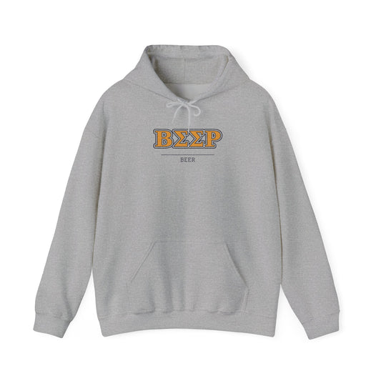 Light gray hoodie with Greek-style BEER graphic on the chest