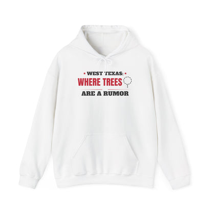 White pullover hoodie with chest graphic "Where Trees Are a Rumor".